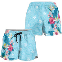 Hawaii Tropical Flowers Shorts for Women Polynesian Tattoo Sky Blue LT05 - Polynesian Pride
