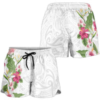 Hawaii Tropical Flowers Shorts for Women Polynesian Tattoo White LT05 - Polynesian Pride