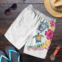 Hawaiian Abstract Art Turtles Shorts for Men with Plumeria and Hibiscus LT03 White - Polynesian Pride