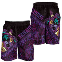 Hawaiian Abstract Sea Turtle Shorts for Men Polynesian Tapa Art and Kakau Tattoo Purple WaterColor - Polynesian Pride