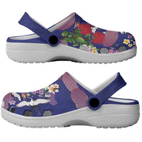 Hawaiian and Japanese Culture Together Clogs Shoes Blue Ohia Lehua Plumeria and Sakura Blooming - Polynesian Pride