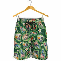 Hawaiian and Japanese Culture Together Shorts for Men Hawaiian Island Shapes with Japanese Landscape Green Color