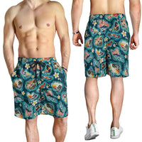 Hawaiian and Japanese Culture Together Shorts for Men Hawaiian Island Shapes with Japanese Landscape Teal Color