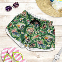 Hawaiian and Japanese Culture Together Shorts for Women Hawaiian Island Shapes with Japanese Landscape Green Color
