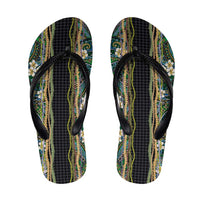 Hawaiian Art Flower Tribal with Lei Flip Flops Palaka Pattern Black Color - Polynesian Pride