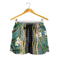 Hawaiian Art Flower Tribal with Lei Shorts for Women Palaka Pattern Black Color LT03 - Polynesian Pride