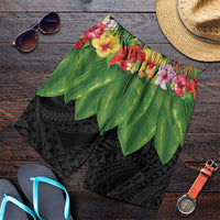 Hawaiian Hula Skirt Style Shorts for Men Tropical Flowers and Leaves LT03 Black - Polynesian Pride