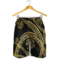 Hawaiian Kakau Art and Hisbiscus Tattoo Shorts for Men Tribal Pattern-Gold Style LT03 - Polynesian Pride