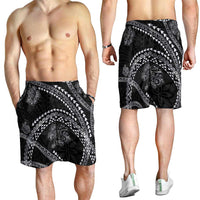 Hawaiian Kakau Art and Hisbiscus Tattoo Shorts for Men Tribal Pattern-Silver Style - Polynesian Pride