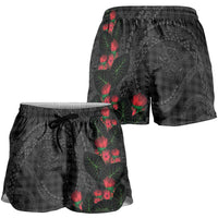Hawaiian Kakau Art Shorts for Women Taro Leaves with Ohia Lehua and Pakala Pattern - Polynesian Pride
