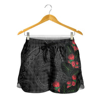Hawaiian Kakau Art Shorts for Women Taro Leaves with Ohia Lehua and Pakala Pattern - Polynesian Pride