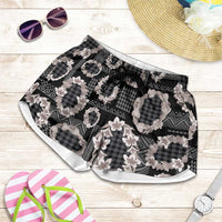 Hawaiian Leis Shorts for Women Kakau Tattoos and Palaka Pastel Grayscale LT03 Black - Polynesian Pride