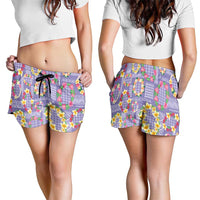 Hawaiian Leis Shorts for Women Kakau Tattoos and Palaka Pastel Purple Color