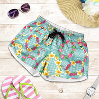 Hawaiian Leis Shorts for Women Kakau Tattoos and Palaka Pastel Teal Color LT03 Teal - Polynesian Pride