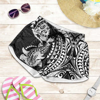 Hawaiian Manta Ray and Hammerhead Shark Tribal Tattoo Shorts for Women with Polynesian Tribal Pattern Black-White Color