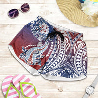 Hawaiian Manta Ray and Hammerhead Shark Tribal Tattoo Shorts for Women with Polynesian Tribal Pattern Hawaii Flag Color