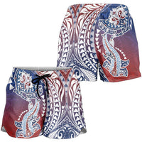 Hawaiian Manta Ray and Hammerhead Shark Tribal Tattoo Shorts for Women with Polynesian Tribal Pattern Hawaii Flag Color