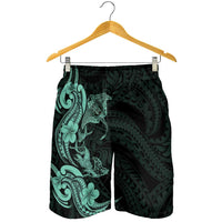 Hawaiian Manta Rays Shorts for Men Tribal Hibiscus Polynesian Tattoos Turquoise Color - Polynesian Pride