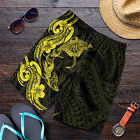 Hawaiian Manta Rays Shorts for Men Tribal Hibiscus Polynesian Tattoos Yellow Color - Polynesian Pride