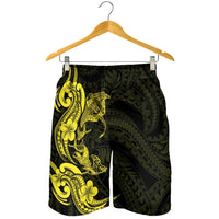 Hawaiian Manta Rays Shorts for Men Tribal Hibiscus Polynesian Tattoos Yellow Color - Polynesian Pride