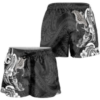 Hawaiian Manta Rays Shorts for Women Tribal Hibiscus Polynesian Tattoos Black Color - Polynesian Pride