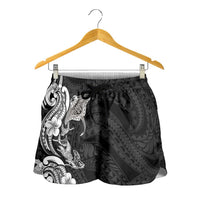 Hawaiian Manta Rays Shorts for Women Tribal Hibiscus Polynesian Tattoos Black Color - Polynesian Pride