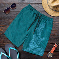 Hawaiian Monk Seal and Whale Shorts for Men Kakau Tribal Pattern Teal Color LT03 Teal - Polynesian Pride