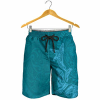 Hawaiian Monk Seal and Whale Shorts for Men Kakau Tribal Pattern Teal Color LT03 - Polynesian Pride