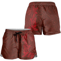 Hawaiian Monk Seal and Whale Shorts for Women Kakau Tribal Pattern Red Color LT03 - Polynesian Pride