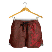 Hawaiian Monk Seal and Whale Shorts for Women Kakau Tribal Pattern Red Color LT03 - Polynesian Pride
