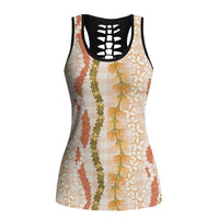 Hawaiian Ohia Lehua Lei Hollow Tank Top Plaid Palaka Ahiehie Pattern LT9 Female Beige - Polynesian Pride