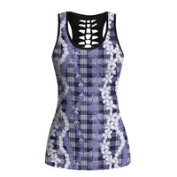 Hawaiian Ohia Lehua Lei Hollow Tank Top Plaid Palaka Uliuli hohonu Pattern LT9 Female Navy - Polynesian Pride