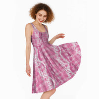 Hawaiian Ohia Lehua Lei Midi Dress Plaid Palaka Akala Pattern - Polynesian Pride