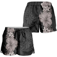 Hawaiian Plumeria and Hibiscus Shorts for Women Grayscale Mode - Polynesian Pride