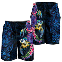 Hawaiian Plumeria and Hibiscus with Turtles Shorts for Men Polynesian Art Dark Cyan Color - Polynesian Pride