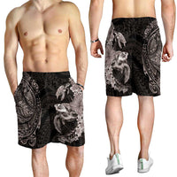 Hawaiian Plumeria and Hibiscus with Turtles Shorts for Men Polynesian Art Grayscale LT03 - Polynesian Pride