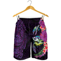 Hawaiian Plumeria and Hibiscus with Turtles Shorts for Men Polynesian Art Purple Color - Polynesian Pride