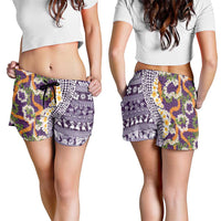 Hawaiian Plumeria Lei Shorts for Women Kakau Motifs and Palaka Half Style Purple Color - Polynesian Pride