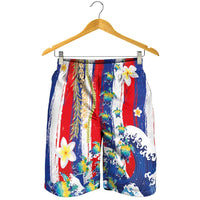 Hawaiian Sea Turtles and Plumeria Shorts for Men with Lei and Flag Grunge Style