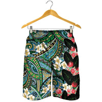 Hawaiian Taro Leaves and Ohia Lehua Shorts for Men Polynesian Tribal Art Tropical Plants Motifs Colorful