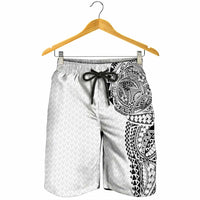 Hawaiian Traditional Tattoos Shorts for Men Kakau Tribal Tropical Plant Motif White Color