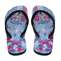 Hawaiian Tribal Manta Ray Flip Flops Kakau Tattoo and Flowers Surfing Waves Pattern Soft Color LT03 - Polynesian Pride