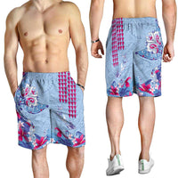 Hawaiian Tribal Manta Ray Shorts for Men Kakau Tattoo and Flowers Surfing Waves Pattern Soft Color LT03 - Polynesian Pride