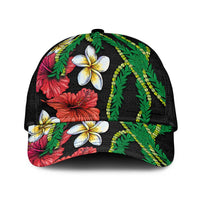 Hawaiian Tropical Flowers and Maile Pikake Classic Cap Polynesian Tribal Pattern Black Color LT03