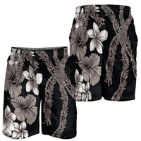 Hawaiian Tropical Flowers and Maile Pikake Shorts for Men Polynesian Tribal Pattern Grayscale Mode LT03 - Polynesian Pride