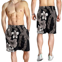 Hawaiian Tropical Flowers and Maile Pikake Shorts for Men Polynesian Tribal Pattern Grayscale Mode LT03 - Polynesian Pride