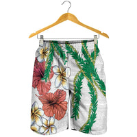 Hawaiian Tropical Flowers and Maile Pikake Shorts for Men Polynesian Tribal Pattern White Color LT03 - Polynesian Pride