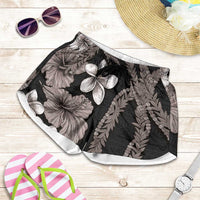 Hawaiian Tropical Flowers and Maile Pikake Shorts for Women Polynesian Tribal Pattern Grayscale Mode LT03 Black - Polynesian Pride
