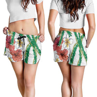Hawaiian Tropical Flowers and Maile Pikake Shorts for Women Polynesian Tribal Pattern White Color LT03 - Polynesian Pride