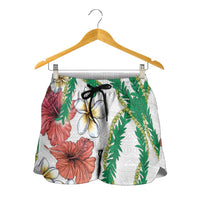 Hawaiian Tropical Flowers and Maile Pikake Shorts for Women Polynesian Tribal Pattern White Color LT03 - Polynesian Pride